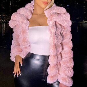 Dusty Pink Preppy Womens Open Front Fuzzy Jacket